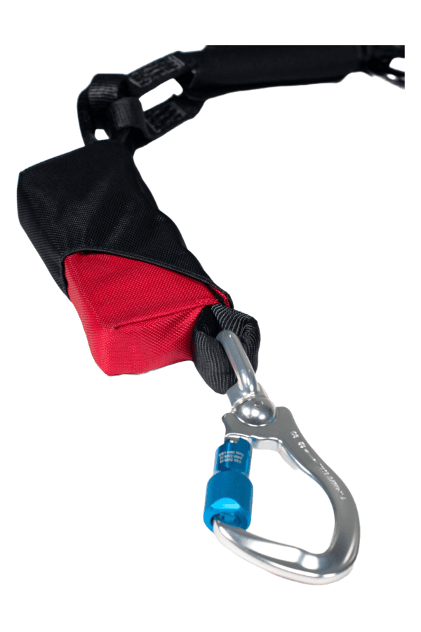 A Y-shaped climbing lanyard with two carabiners attached to the ends, each featuring a different color safety lock, and a central attachment point with a red and black cushioning.