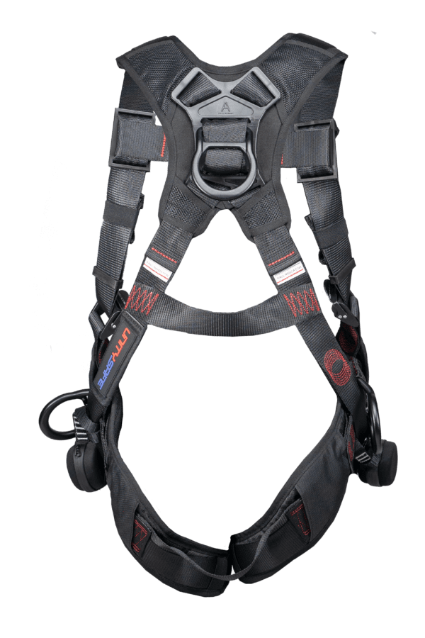 Image of the Beltless Psycho Ironworker Harness, a lightweight and durable harness designed for steelworkers. Features include rust-resistant aluminum D-rings, adjustable straps for a custom fit, padded leg straps, and shoulder padding for comfort. Additional safety features include SRD mount, snap-lock lanyard keepers, and removable trauma straps. Meets OSHA and ANSI Z359 standards.