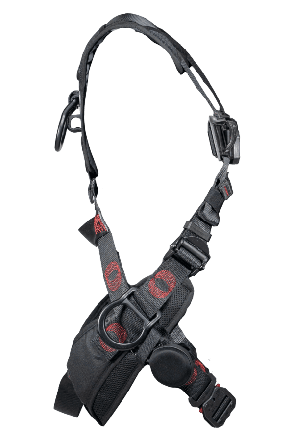 Image of the Beltless Psycho Ironworker Harness, a lightweight and durable harness designed for steelworkers. Features include rust-resistant aluminum D-rings, adjustable straps for a custom fit, padded leg straps, and shoulder padding for comfort. Additional safety features include SRD mount, snap-lock lanyard keepers, and removable trauma straps. Meets OSHA and ANSI Z359 standards.