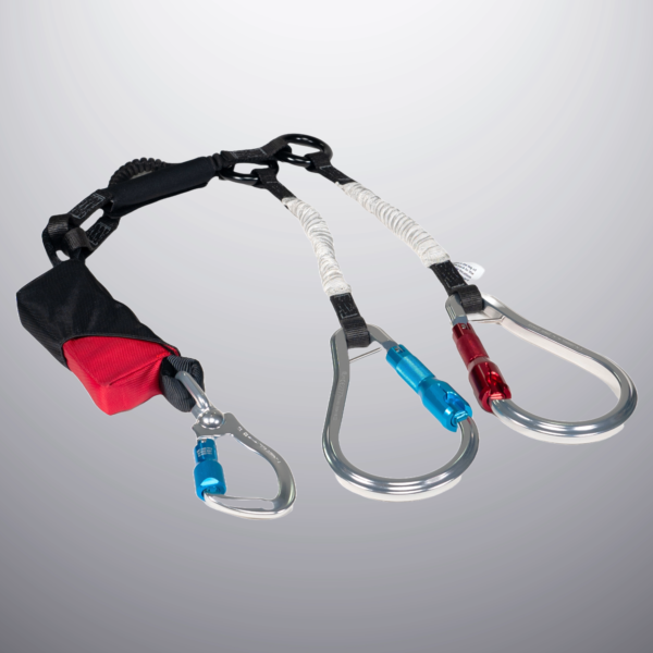 UnitySafe Hot Shot Force Deux Lanyard shown in action, featuring durable aluminum carabiners and elasticated arms for enhanced mobility and safety.